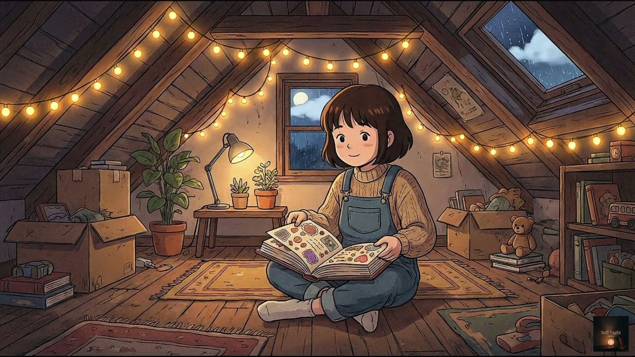 Cozy Attic Lo-Fi for Relaxing 🌙 | Rainy Night & Warm Fairy Lights (1 Hour)