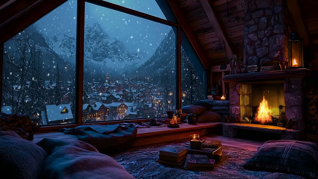Quiet Winter Cabin in Heavy Snow with Crackling Fireplace Sounds for Deep Sleep and Study Focus