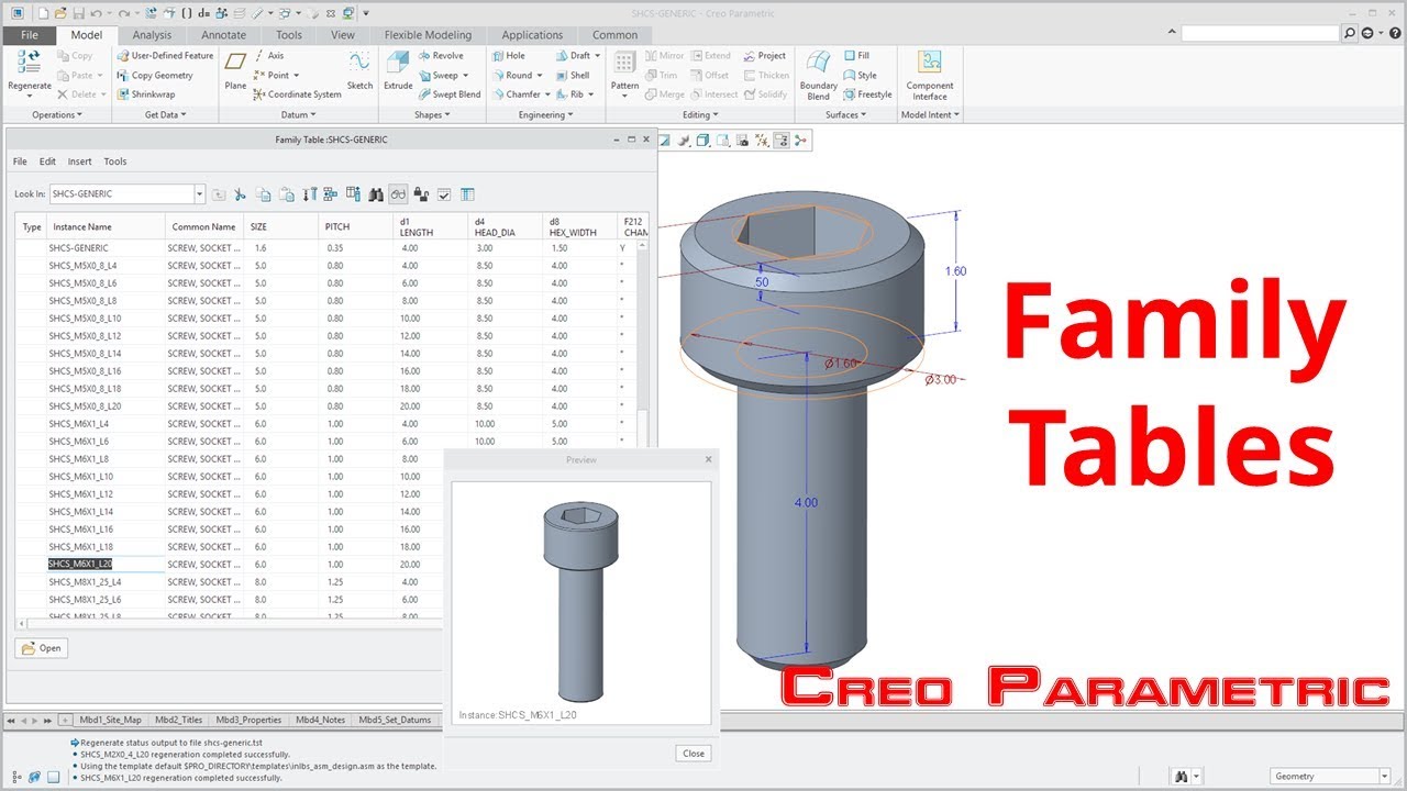 Creo Parametric — Таблицы семейств | Моделирование деталей