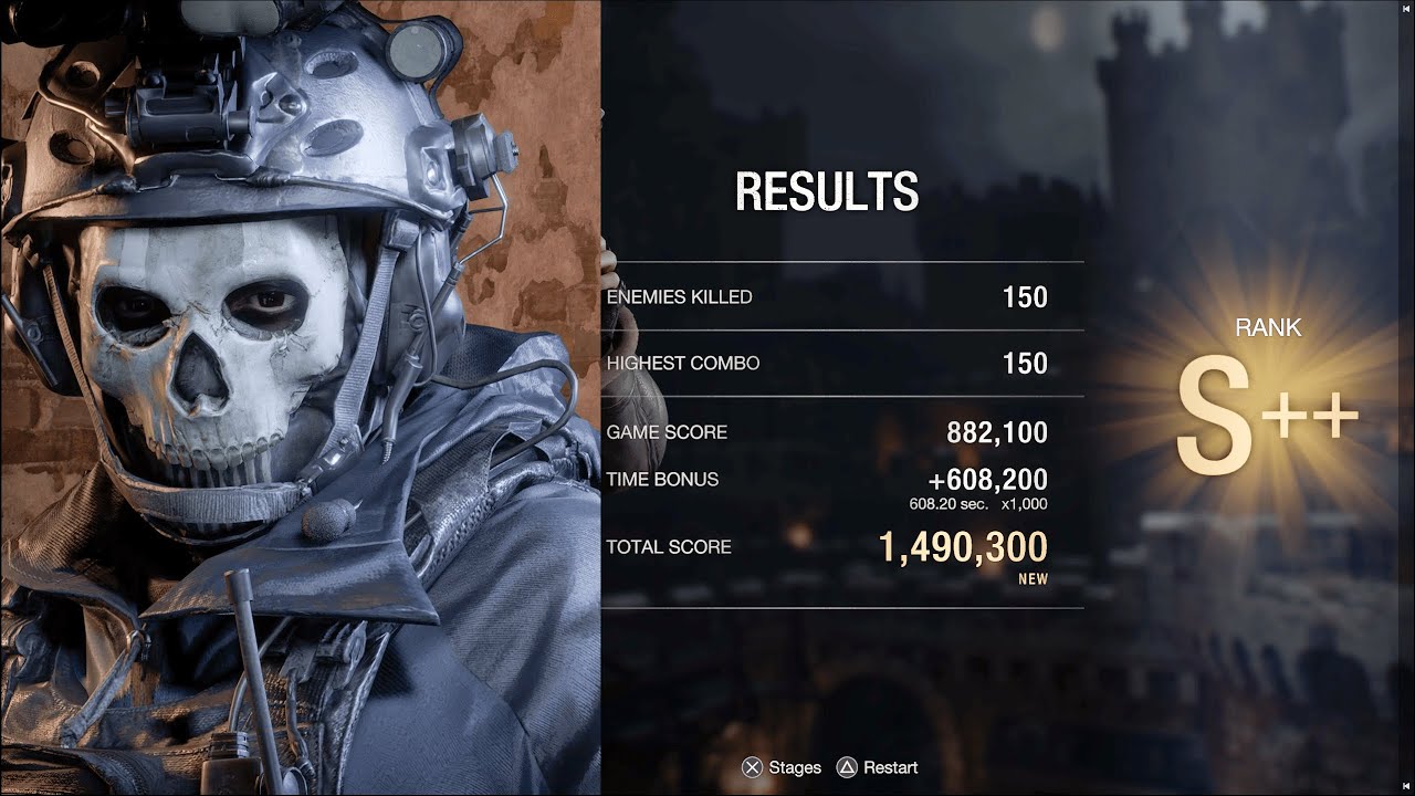 RE4 Remake: Ghost from MW2 w/Custom Loadout Costume Mod Mercenaries Showcase S++ Rank (Castle)