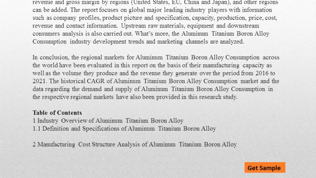 Global Aluminum Titanium Boron Alloy Consumption Market Research and Analysis 2021