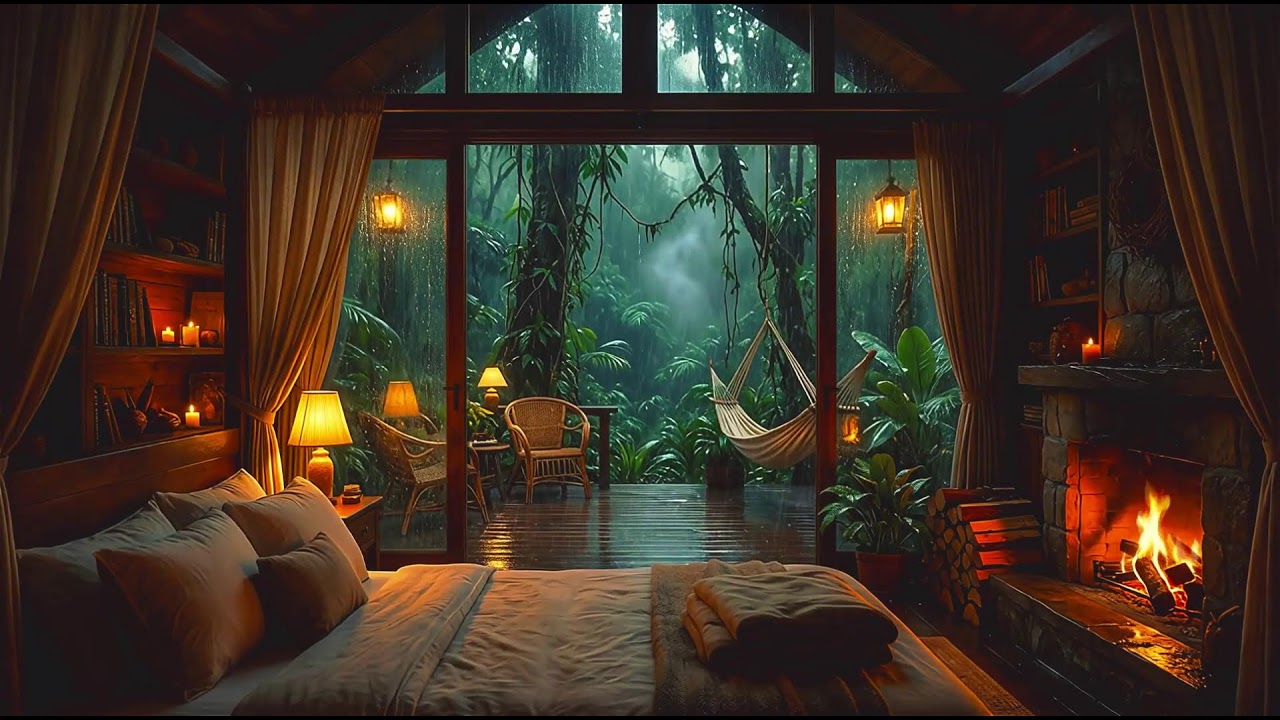 Ultimate Sleep Aid:   Warm Fire & Heavy Rain Sounds   Study & Focus