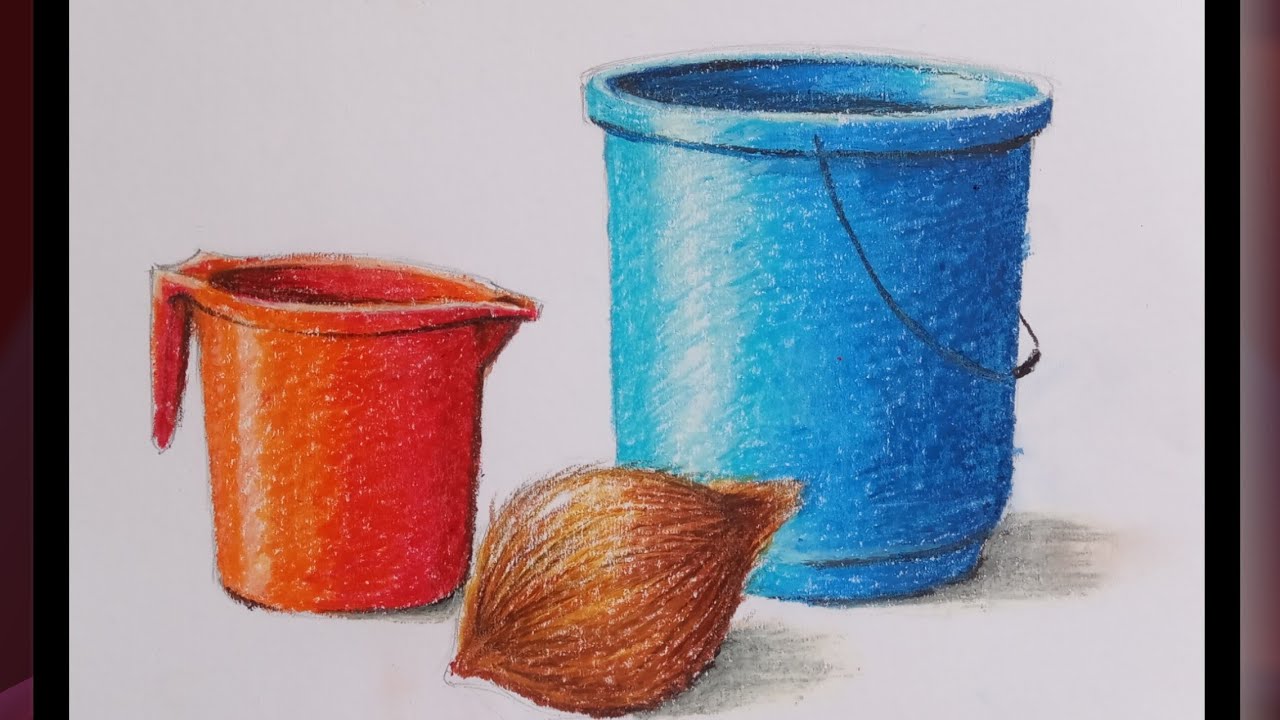 Elementary object drawing in oil pastal/ how to draw mug / how to draw bucket /how to draw coconut