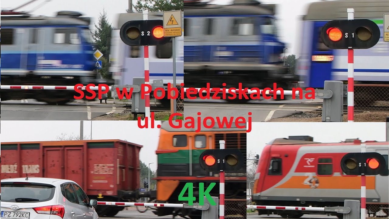 [4K] Przejazd kolejowy (SSP) w Pobiedziskach na ul. Gajowej - 4 pociągi