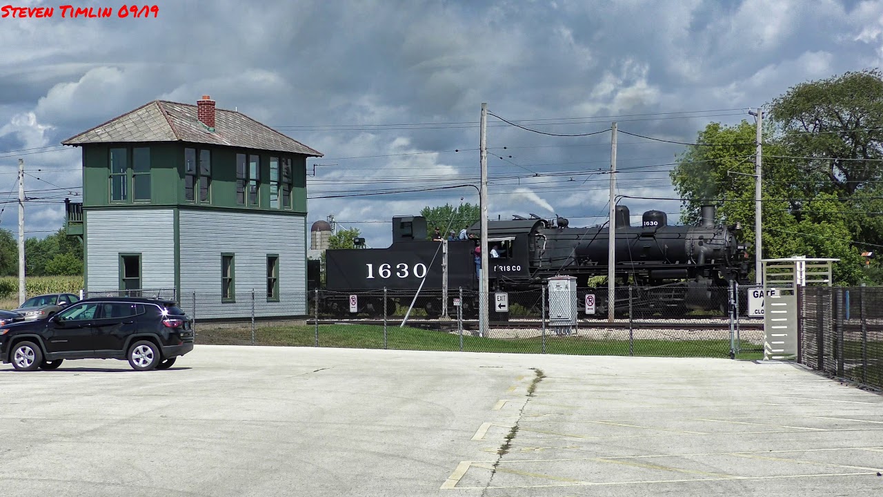 4K/HDR Frisco 1630 steam locomotive passes the tower IRM Union IL museum
