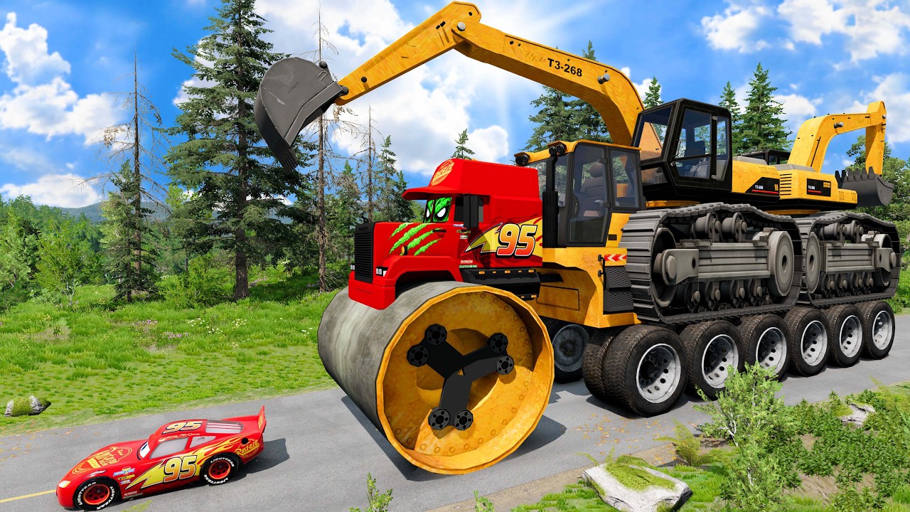 Giant CRUSHER DOZER Mack Truck Eater VS Cars Lightning McQueen Escape Monster Beamng Drive #16