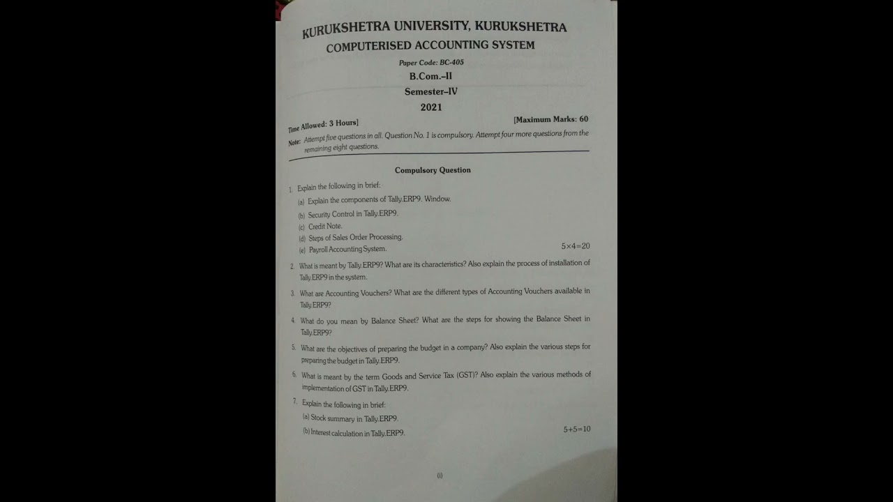 Computerized Accounting System B.Com 4th Sem KUK Previous Year Paper 2021