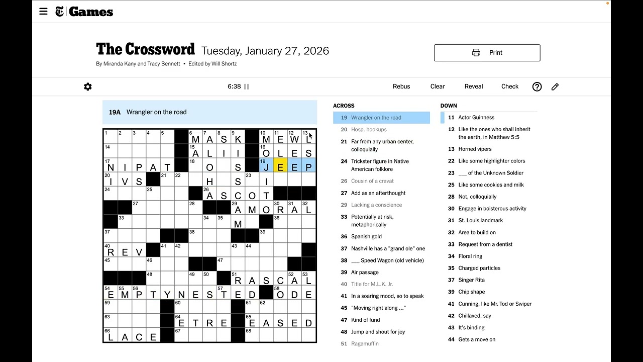 New York Times Crossword Solve - Tuesday Jan 27 2026
