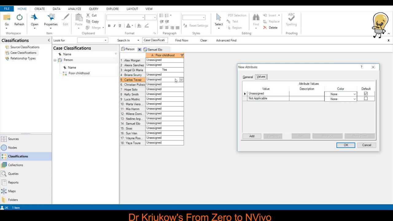 Attributes and values in NVIVO