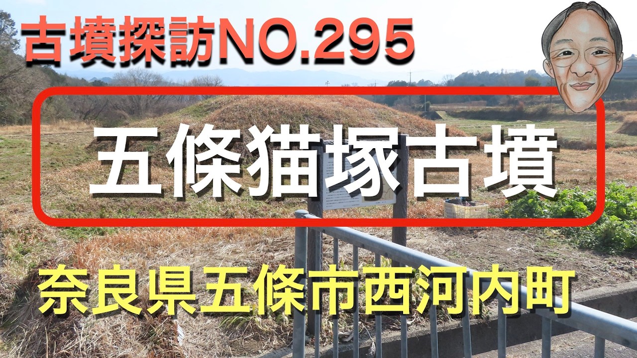 古墳探訪（NO.295)五條猫塚古墳、近内（ちかうち）古墳群を代表する古墳。一辺３２m、高さ５mの方墳。出土品に蒙古鉢形眉庇付甲（もうこばちがたまびさしつきかぶと）という珍しいカブトがありました。