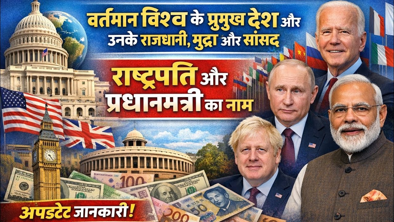 विश्व के प्रमुख देश उनके राजधानी, मुद्रा, संसद,  और वहां के वर्तमान राष्ट्रपति और प्रधानमंत्री 👆