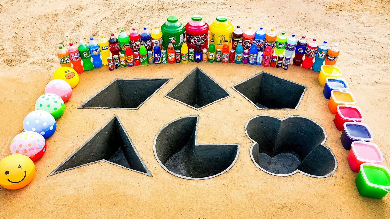 How to make 6 Different Shape Holes with Cement, Giant Mtn Dew, Monster, 7up, Coca Cola vs Mentos