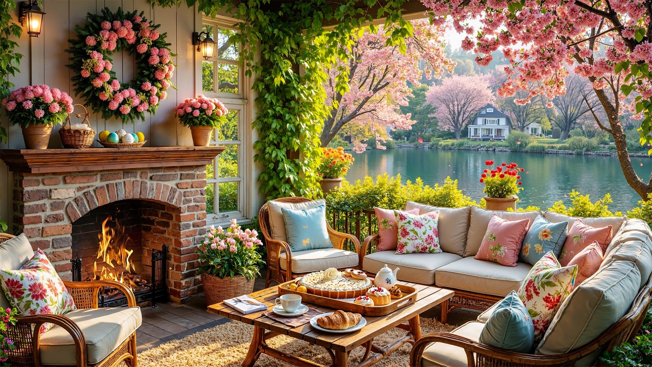 Cozy Spring Porch Ambience 🌿 Smooth Piano, Singing Birds & Crackling Fireplace for Relaxation