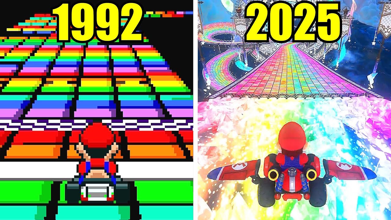 Evolution of Rainbow Road in Mario Kart (1992-2025)