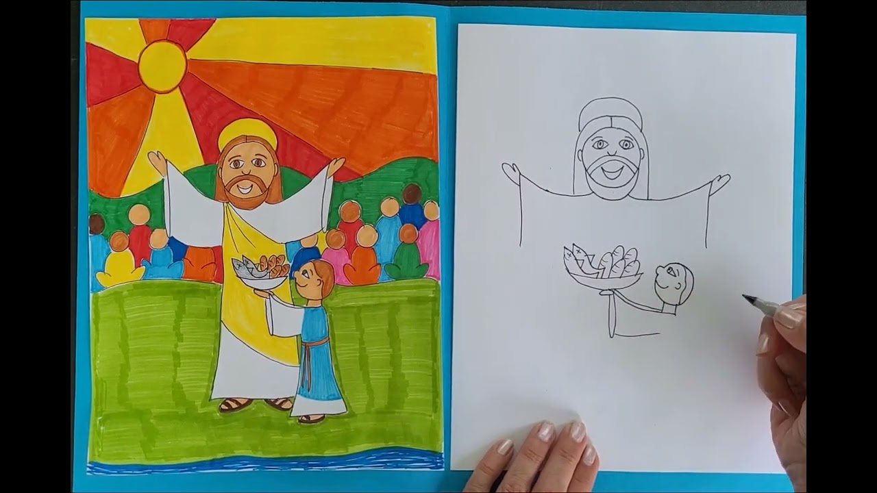 How to draw Jesus feeding 5000 with 5 loaves and 2 fish @artmakeslifemeri