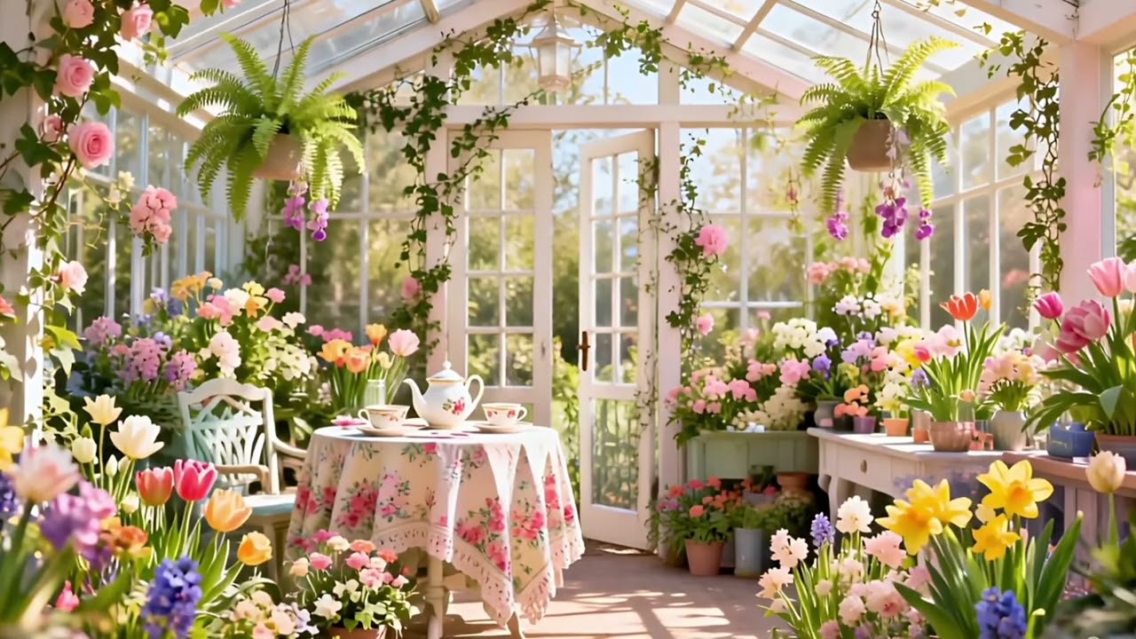 Spring Garden Greenhouse Tea Ambience ☕🌸 | Bird Sounds, Gentle Breeze & Wind Chimes