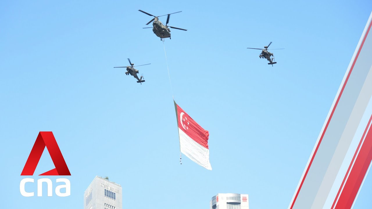 Singapore national day ceremonial parade: State flag and F-15SG flypast