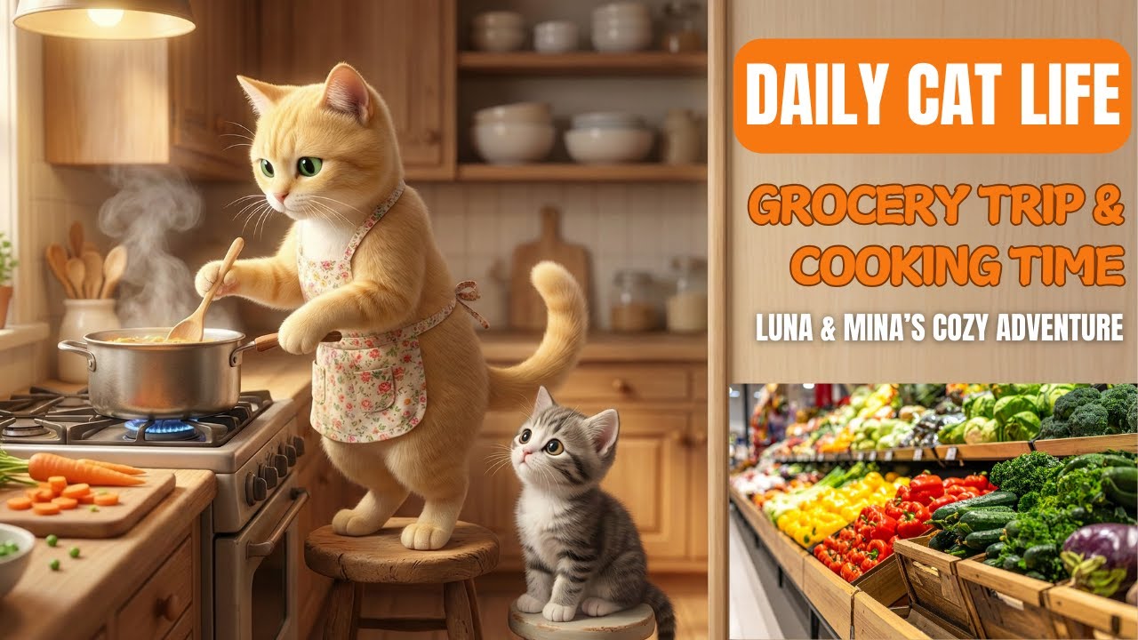 Cute Cat Family Grocery Trip & Cooking Time | Luna & Mina’s Cozy Adventure