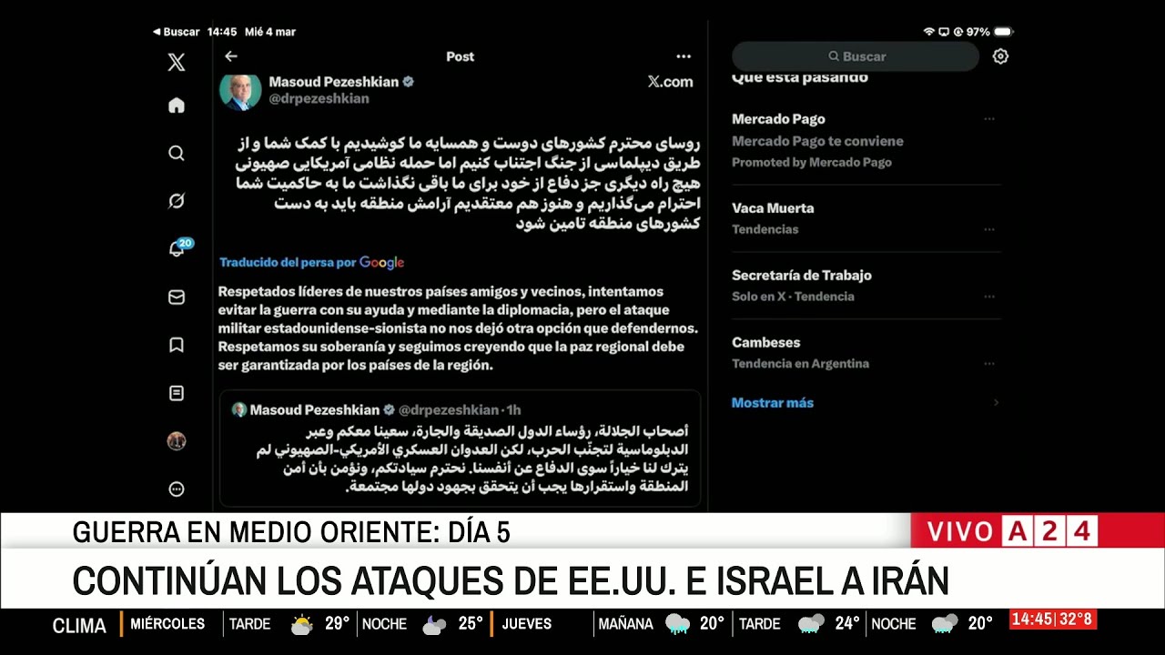 💬 GUERRA EN MEDIO ORIENTE: EL PRESIDENTE DE IRÁN JUSTIFICÓ LOS ATAQUES A PAÍSES VECINOS