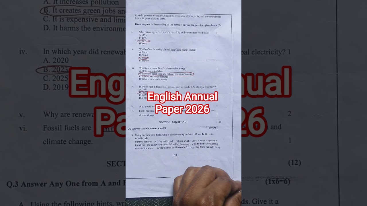 Class 8 English annual sample paper 2026 solution /class 8 english final exam paper 2026 solution