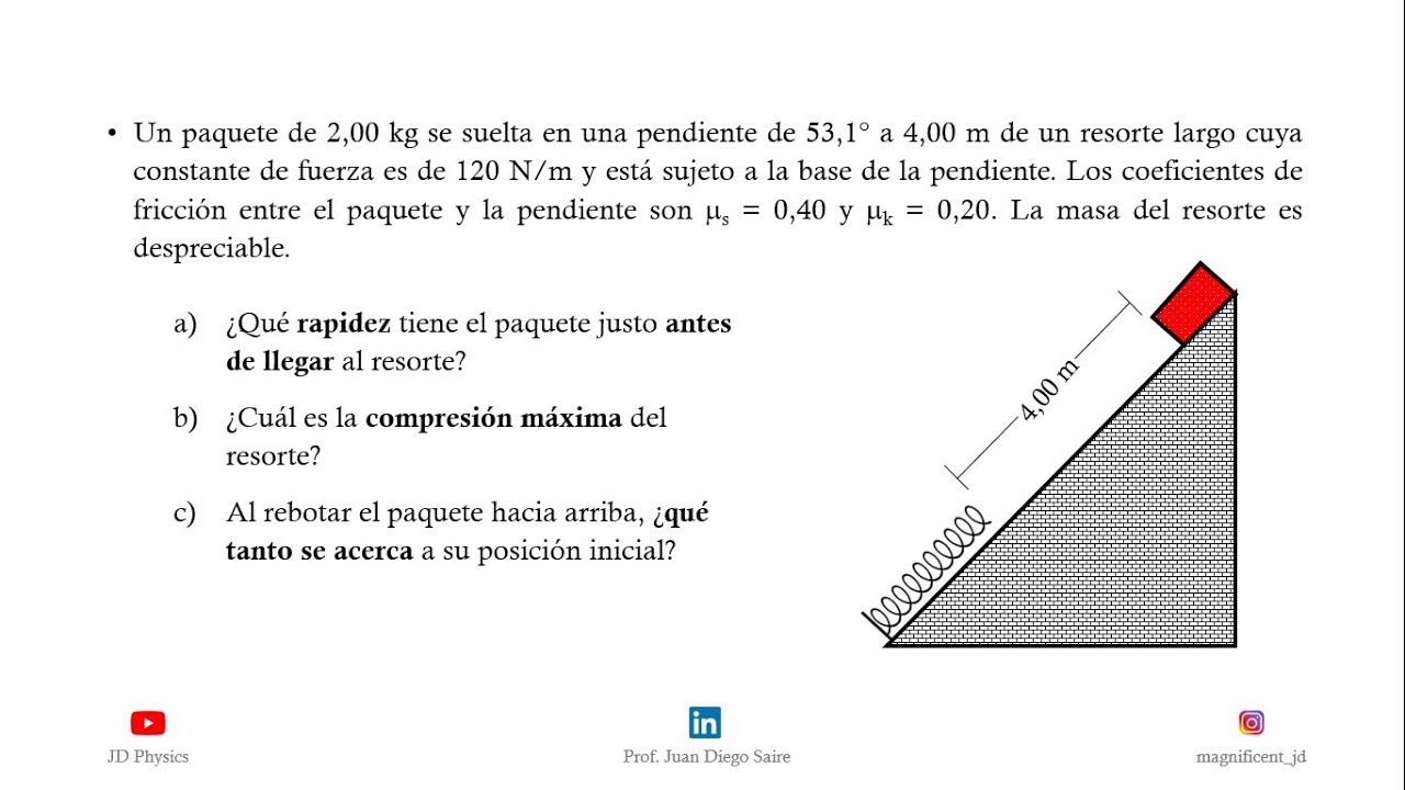 Spring and Friction on an Incline - Trabajo y Energía