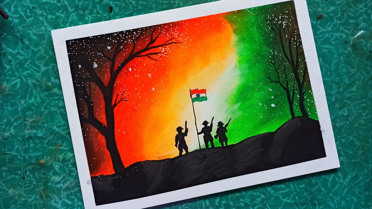 Indian army soldier with flag scenery drawing - republic day drawing easy