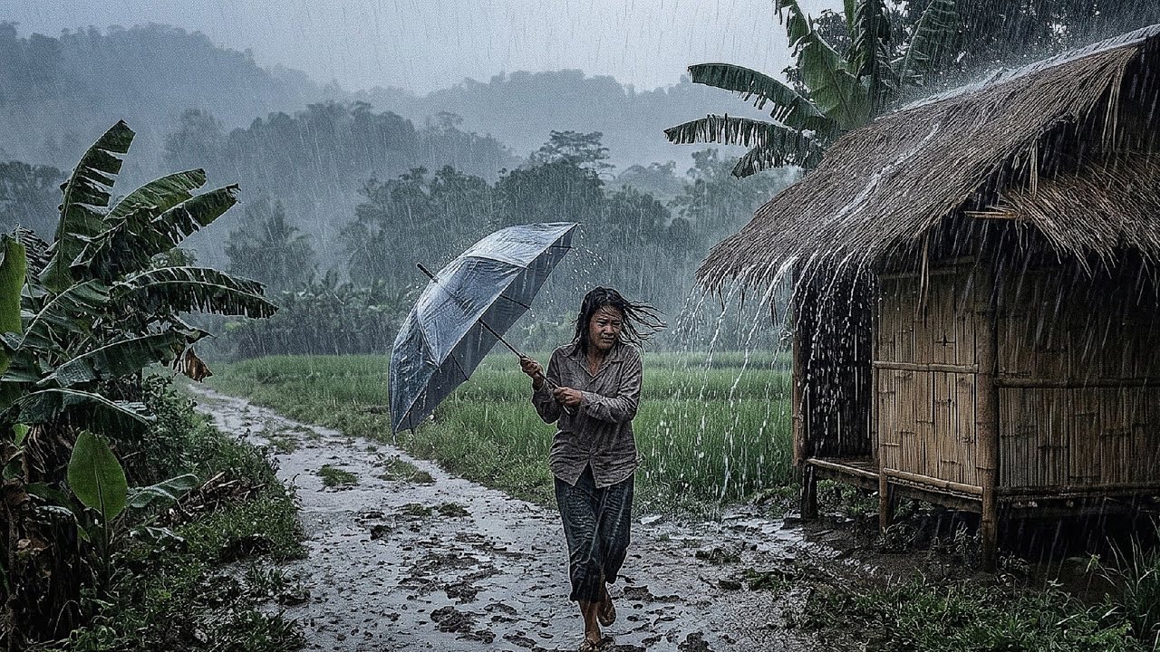 Heavy Rain Walk in Village 🌧️ Relaxing Rain Sounds