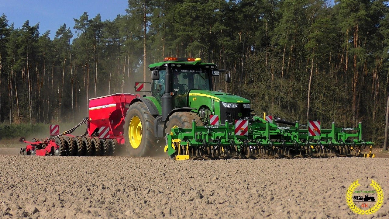John Deere 8285 R und 6170 M beim Erbsen Drillen und Walzen 2017