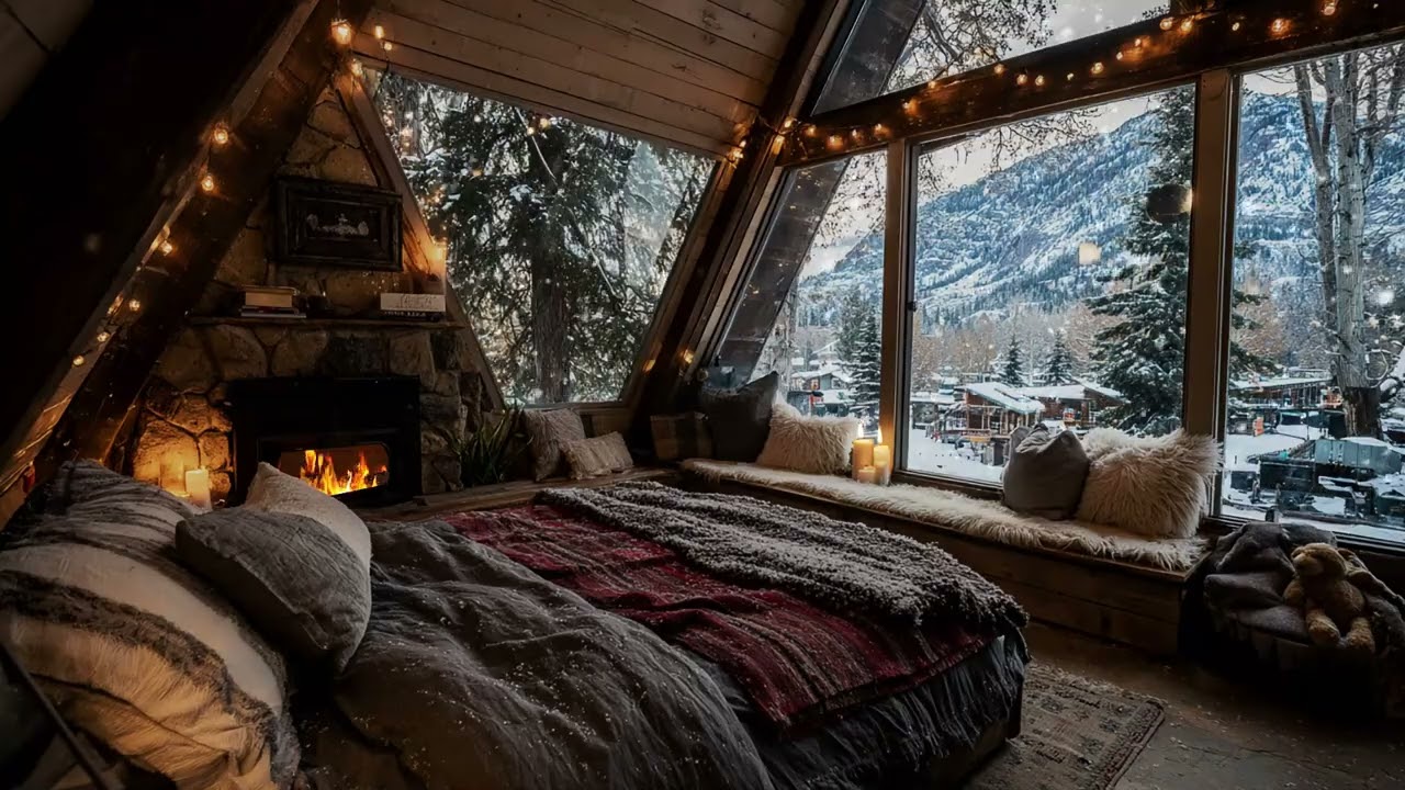 ASMR Cozy Winter Window: Falling Snow, Warm Candle Ambience & Fire-Wind Sounds for Deep Sleep
