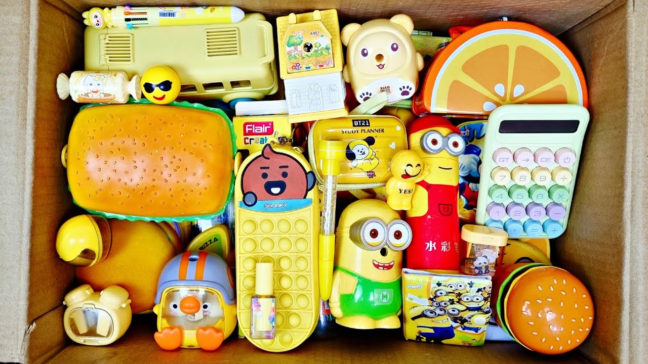 Unboxing Yellow Stationery, Pouch, Doraemon Pencil Case, Gift items, Ruler, Coin Bank, Sharpener