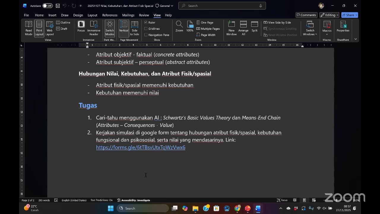 Atribut Fisik Spasial, Kebutuhan, dan Nilai dalam Arsitektur (2) - AR3014 - 27 November 2025