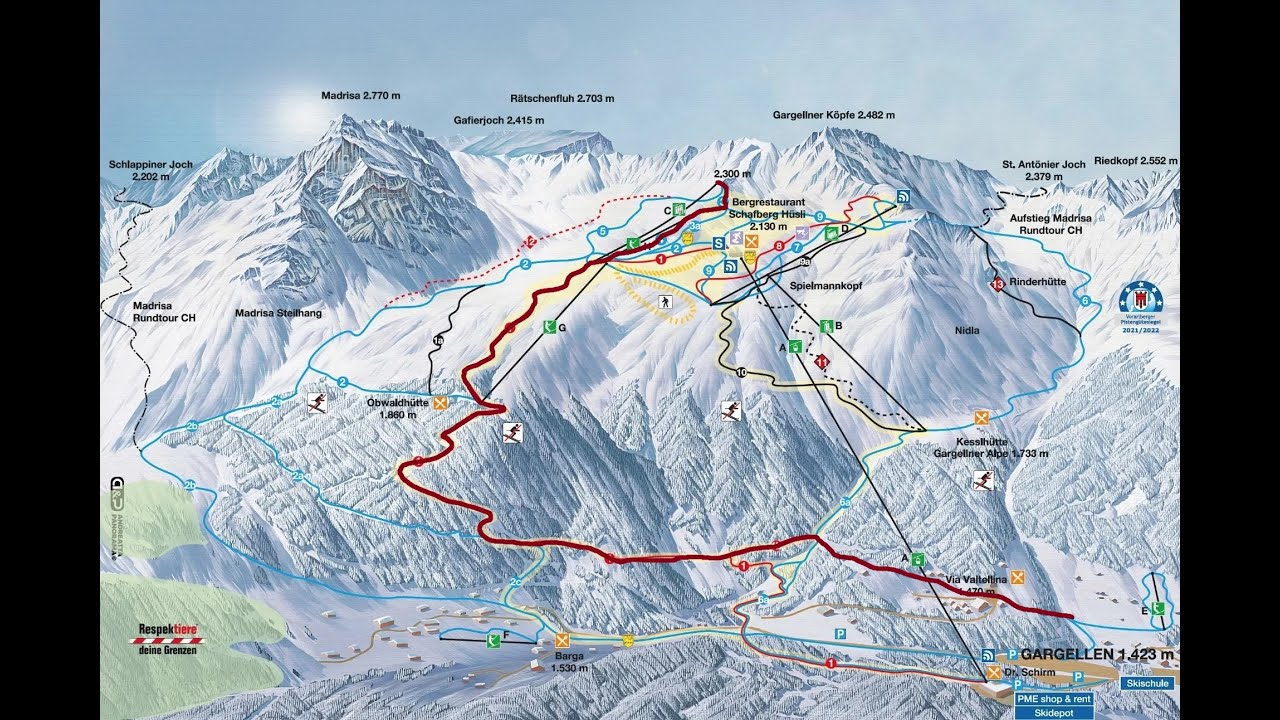 Gargellen Piste 4 Blue 1 Red 6a Blue Schmuggi Luggi-Schnapfenwald-Schwefeltobel (ski video)