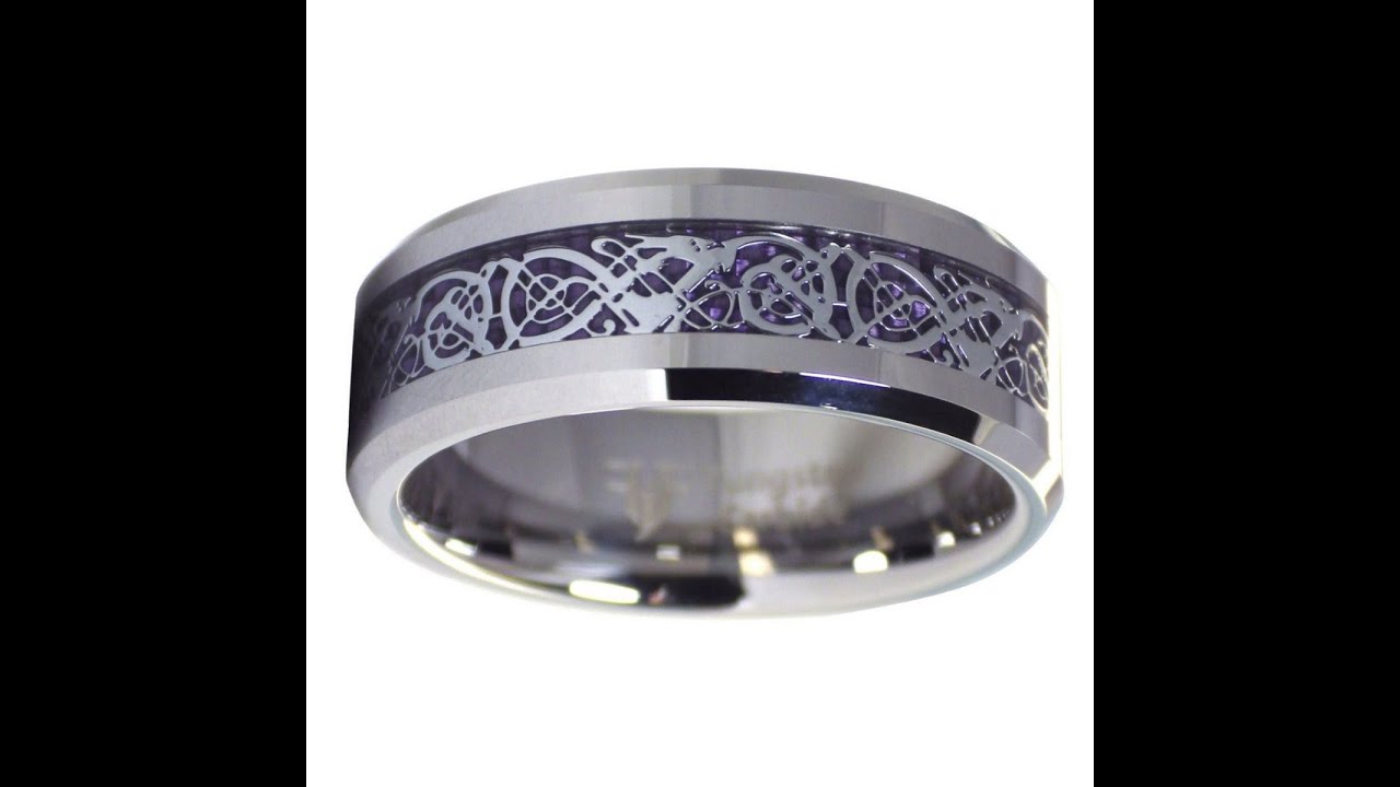 Nordic Viking Celtic Knot Tungsten Dragon Ring w/Purple Carbon Fiber by Fantasy Forge Jewelry
