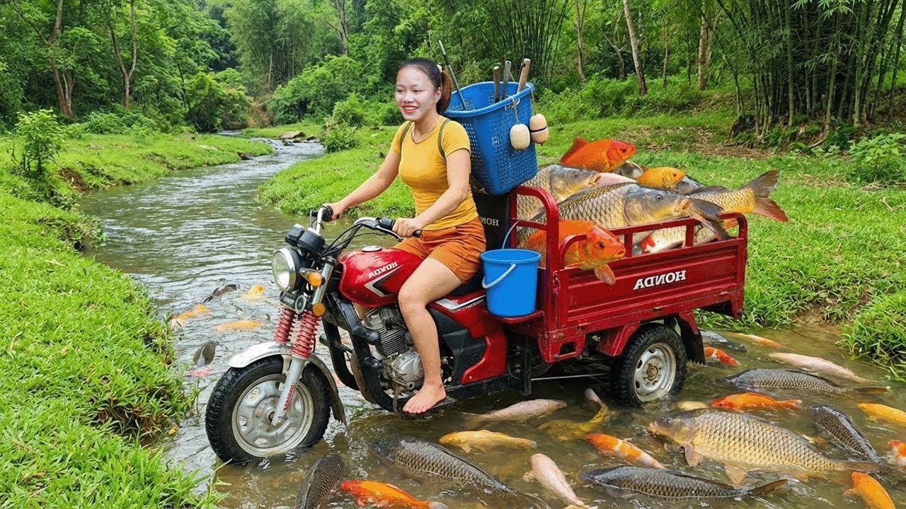 Girl Solo Harvest Fish by water pump: Thousands of Fish Revealed as the Water Drops!