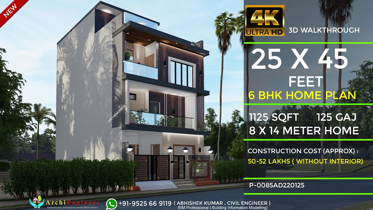 25x45 House Design 3D | 🔥🔥1125 Sqft | 125 Gaj | 6 BHK | Modern Design | 8x14 Meters |ArchiEngineer