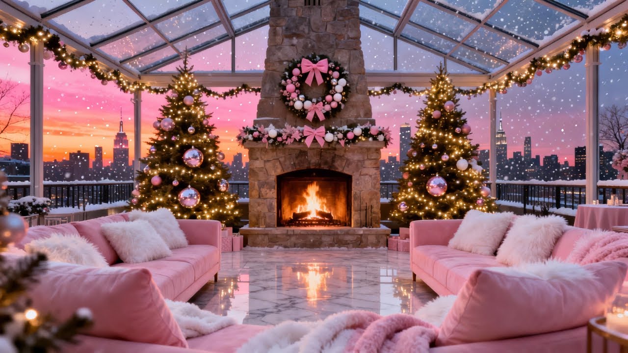 🎄💕 Snowy Pink Christmas Rooftop Lounge 🏙️ Christmas Jazz & Cozy Fireplace Ambience