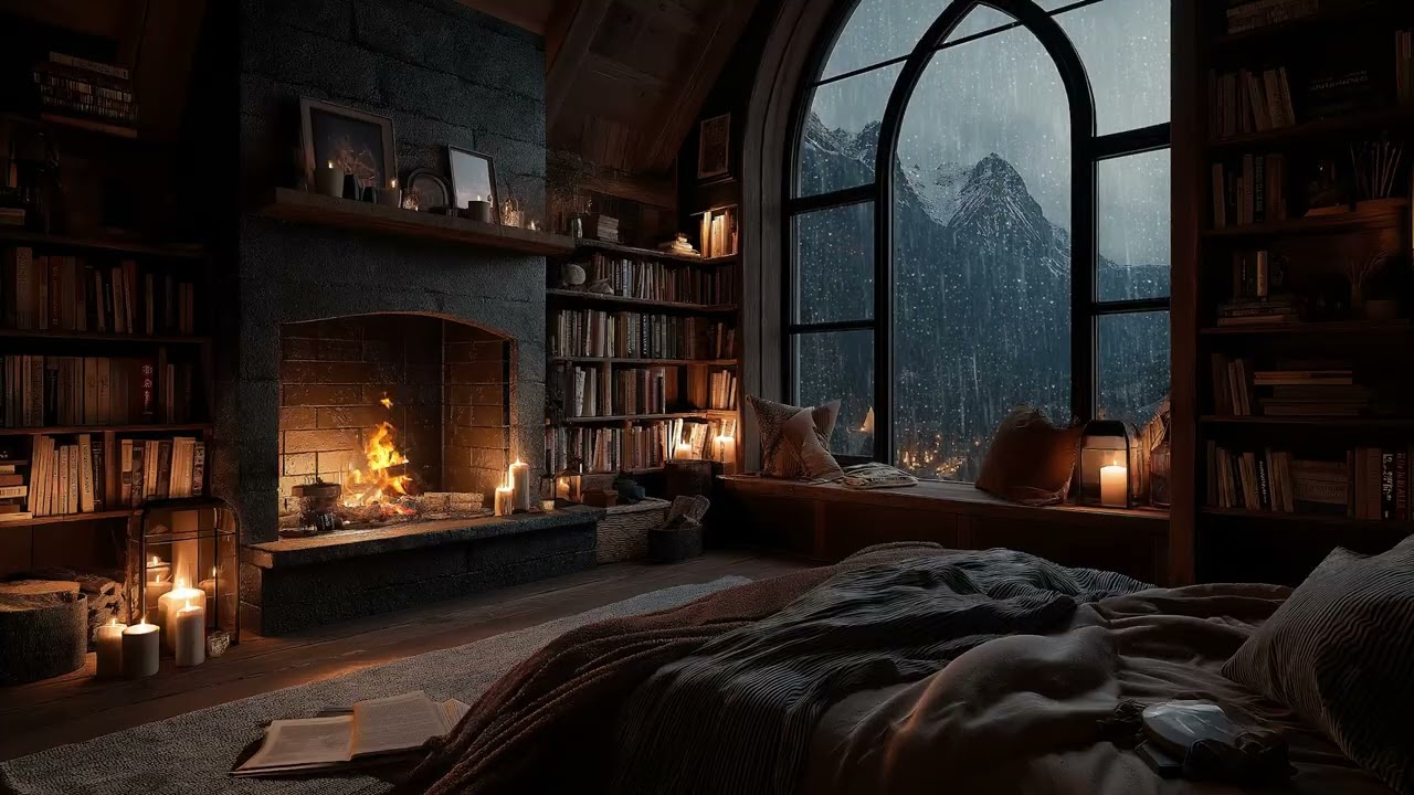 Winter Night Rainfall 🔥 Fireplace ASMR for Sleeping & Relaxing (3 Hours)