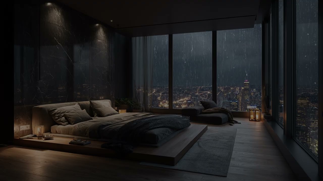 Rain drifts across office blocks 🎧 as late lights hum and thoughts lose order