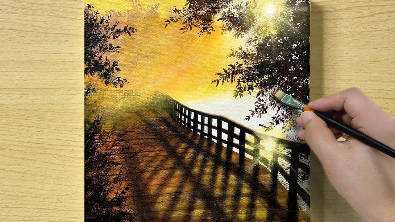 Yellow Sunrise Over Foggy Morning Lake / Acrylic Painting