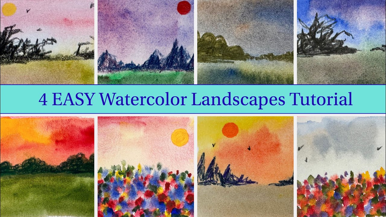 Tutorial - 4 EASY 2min Watercolor Landscapes - warm up, relax, sketchbook play (beginner friendly)