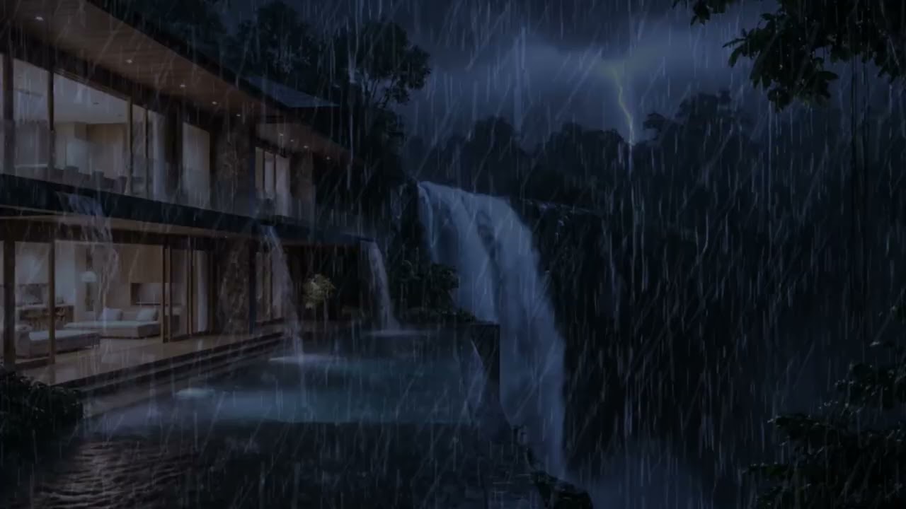 Fall Asleep Instantly 🌧️ The Most Powerful Sleep Sound 🌧️ Waterfall Villa in a Wild Night Storm