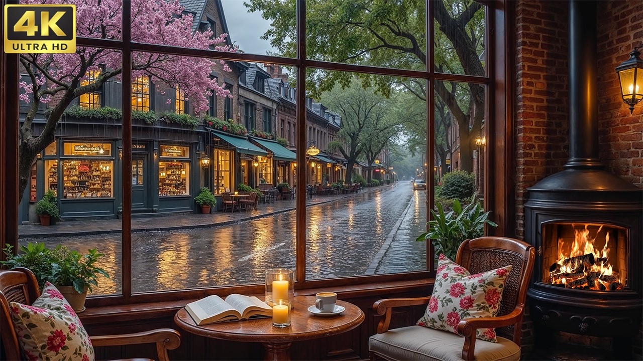 Quiet Rainy March Coffee Shop ☕ Gentle Jazz Piano & Fireplace Sounds for Study & Work
