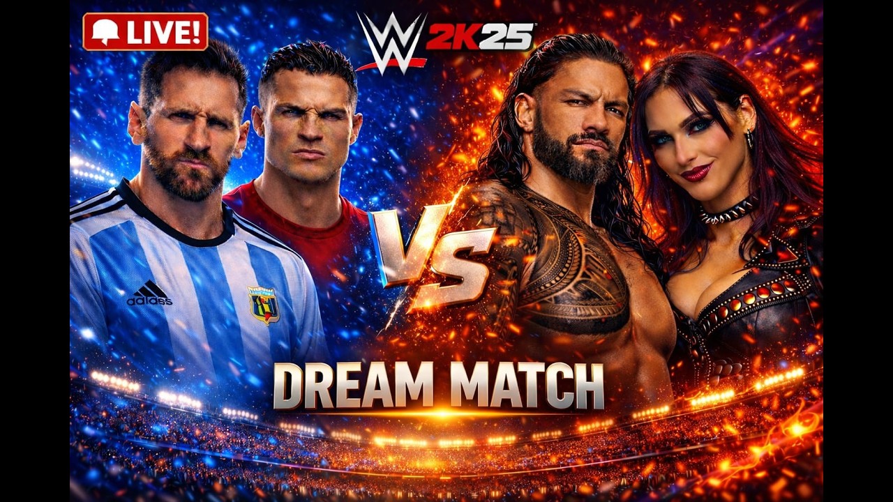 Ronaldo & Messi VS Roman & Rhea &ndash;  LIVE MATCH 11🔥 #wwe2k25 #CR7 #messi #shortslive #shorts