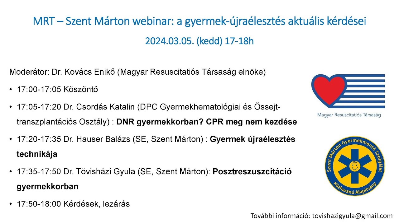 MRT – Szent Márton webinar: a gyermek-újraélesztés aktuális kérdései (2024.03.05.)