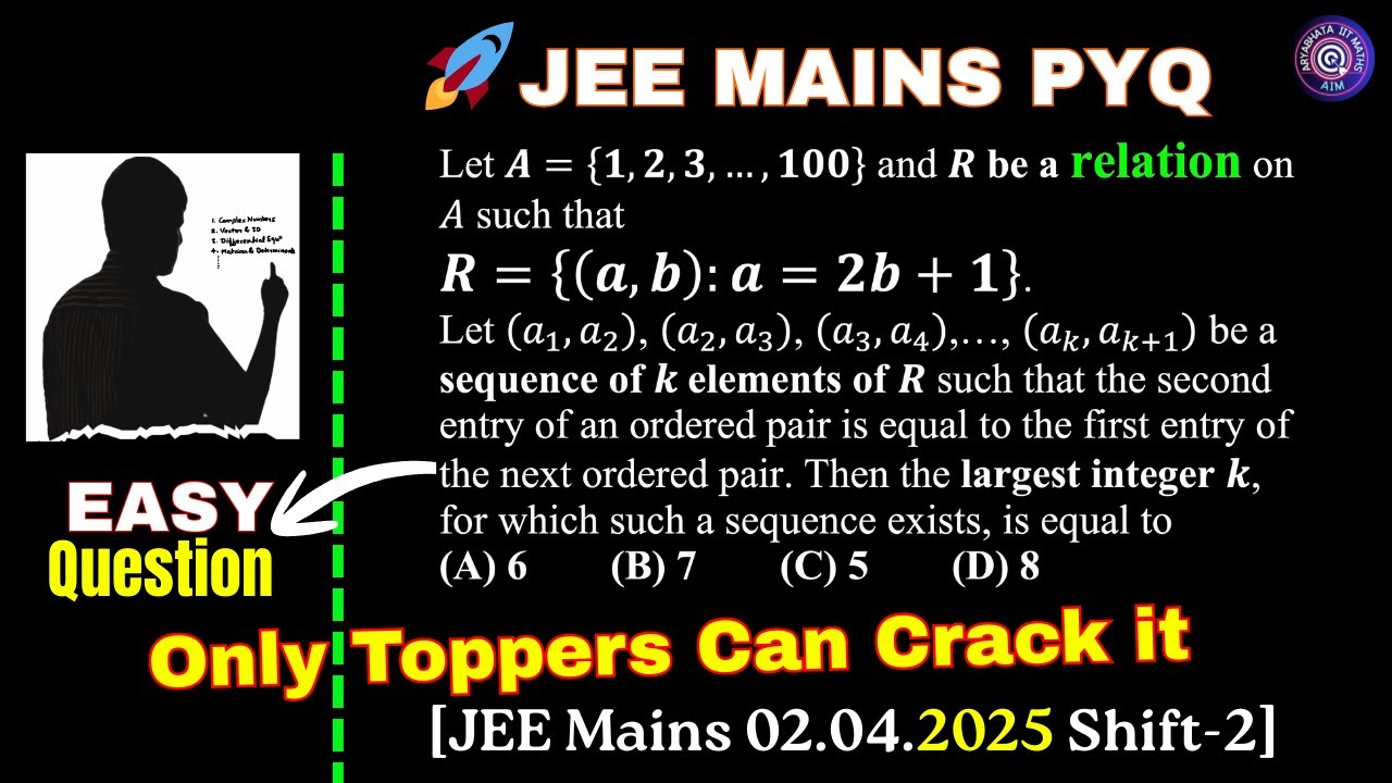 A={1, 2, 3,…,100} & R be a relation on A such that R={(a, b):a=2b+1}. Let (a_1, a_2 ), (a_2 | #jee🚀