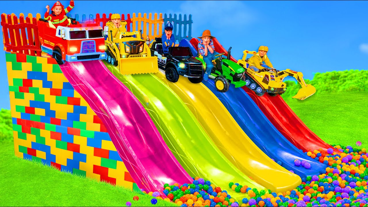 The Kids Play with Slides and Toy Vehicles