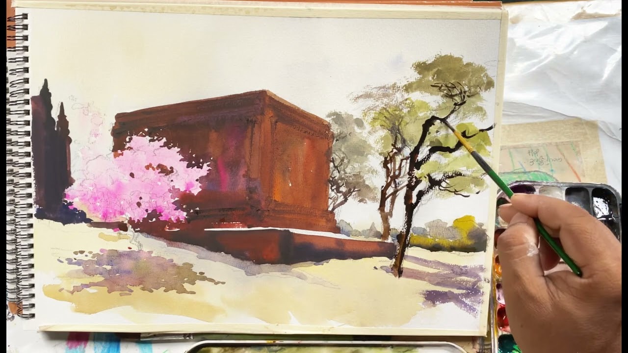 How to draw Bagan landscape with watercolor by Chit Hnin Eain