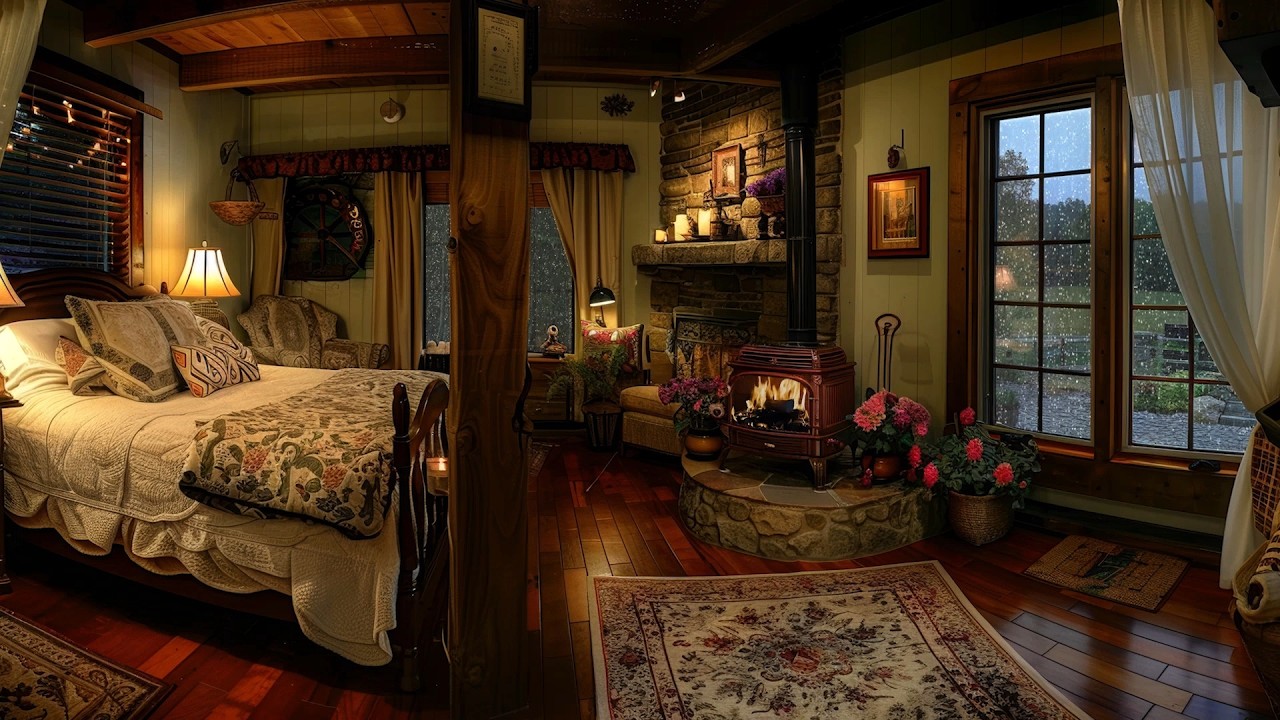 🔴Soothing Rain & Fireplace Sounds | Perfect Sleep in a Wooden Cabin with Storm Ambience 🏡🌧️