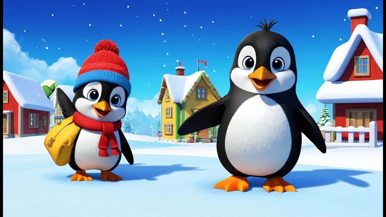 Un pingouin visite un village enneige