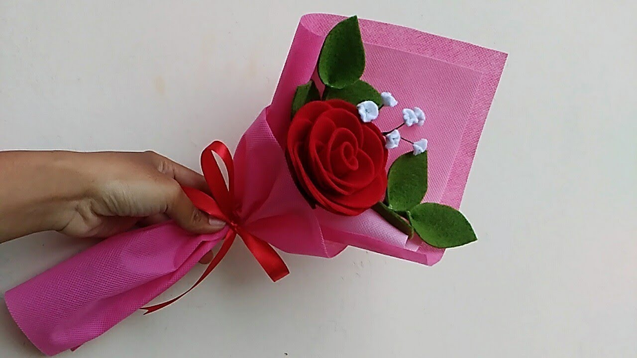 How to make single rose felt flowers bouquet for valentine's day gift